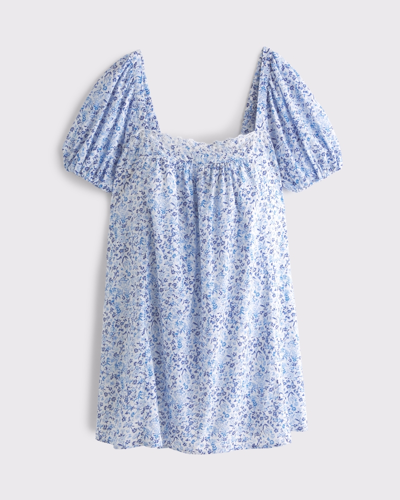 Puff Sleeve Lace-Trim Mini Dress