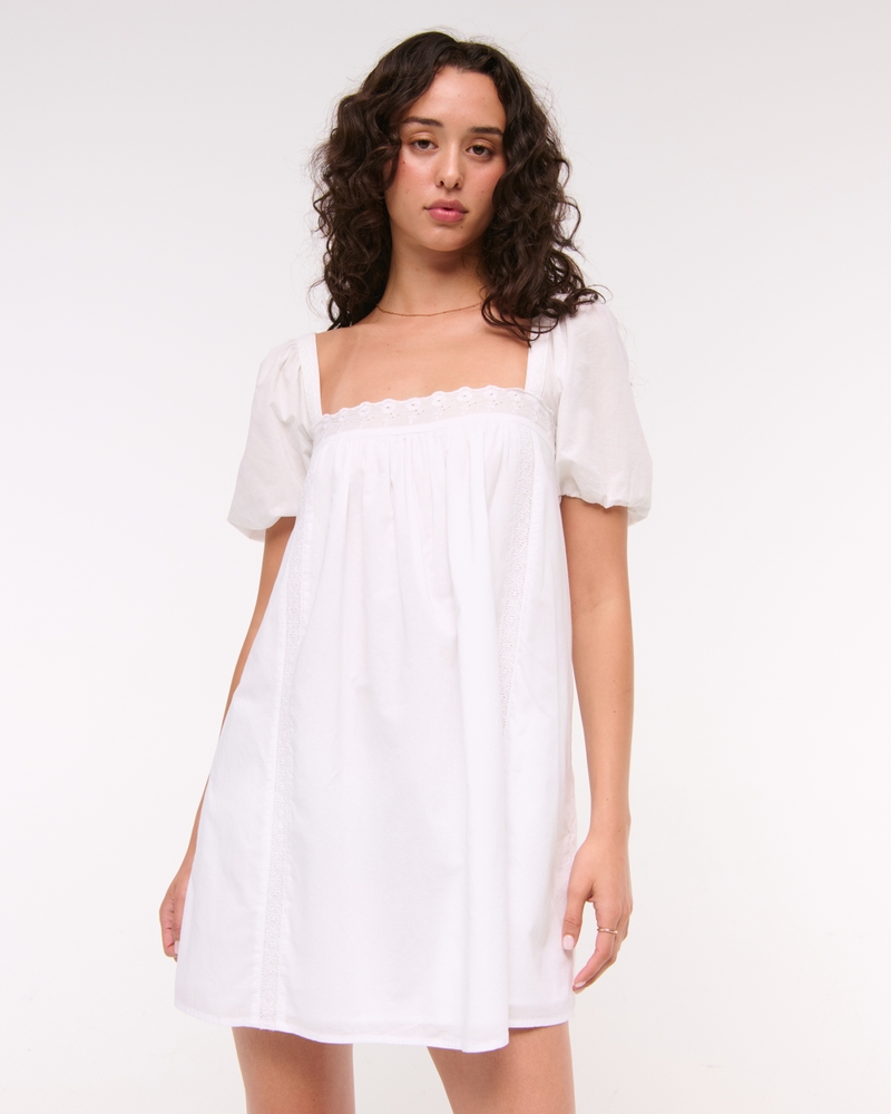 Puff Sleeve Lace-Trim Mini Dress