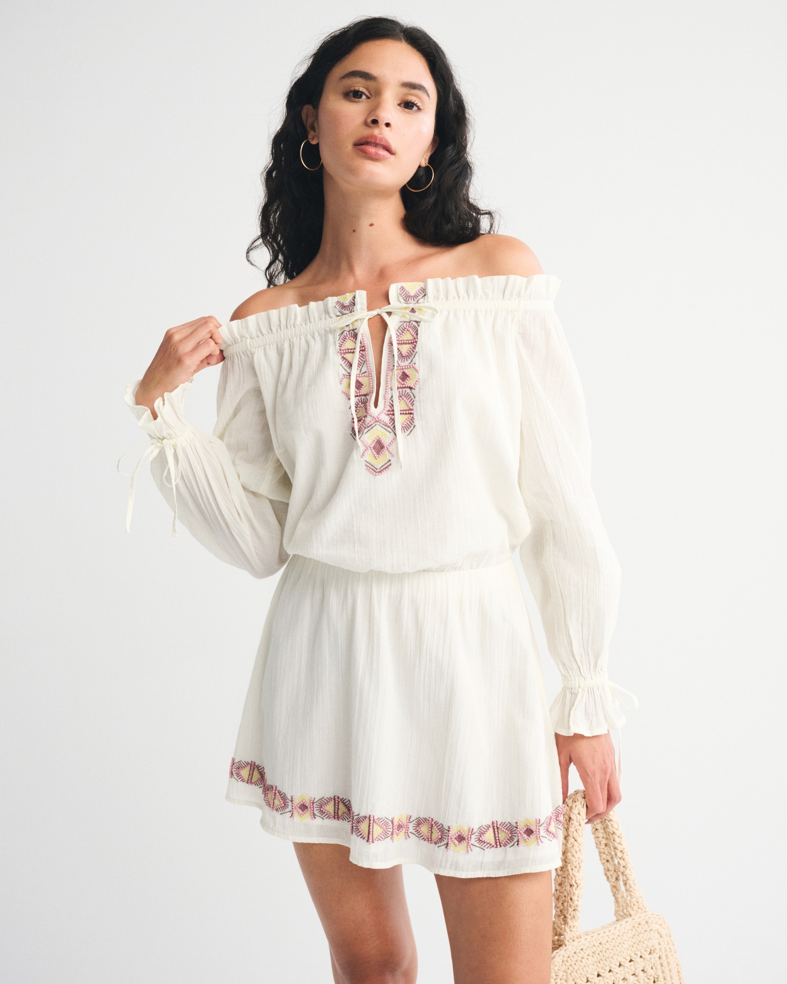 Long-Sleeve Off-The-Shoulder Embroidered Mini Dress