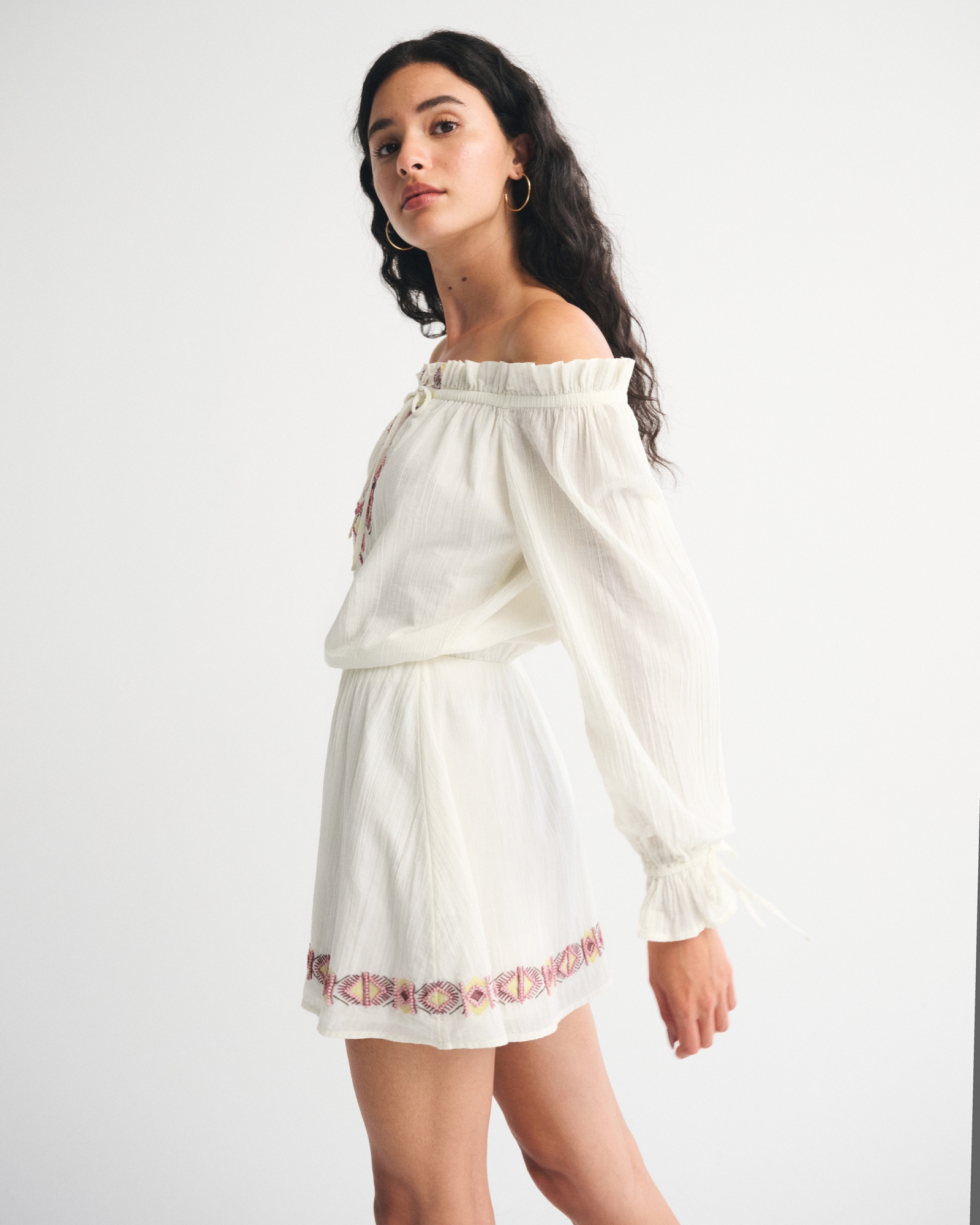 Long-Sleeve Off-The-Shoulder Embroidered Mini Dress