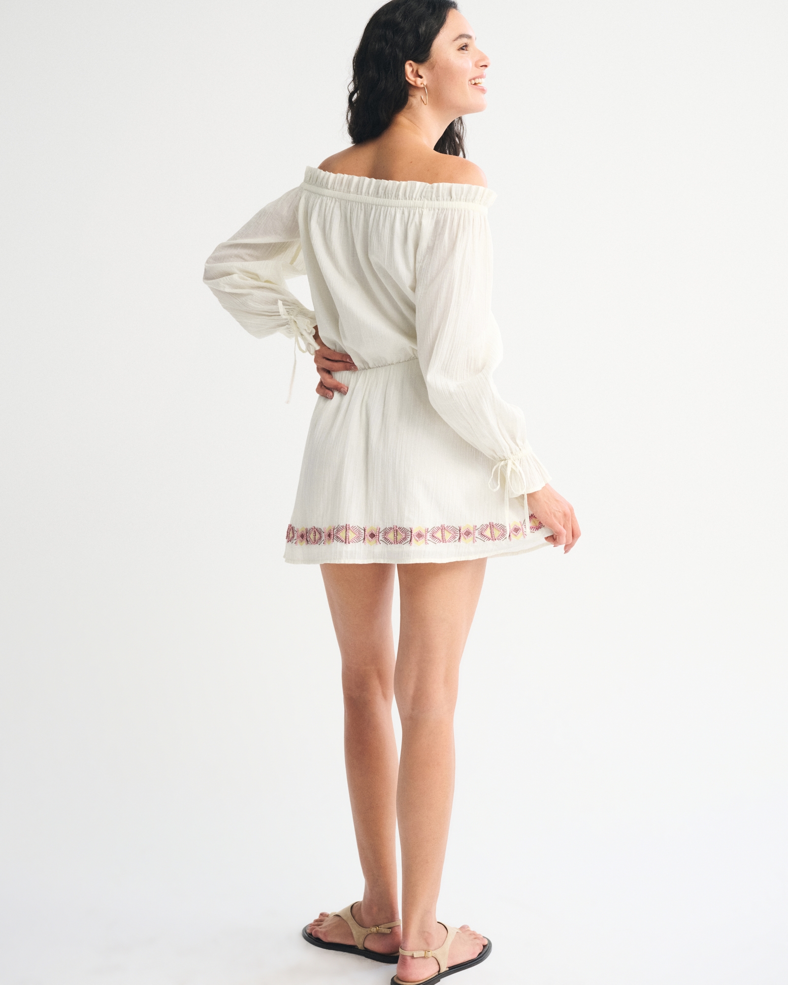 Long-Sleeve Off-The-Shoulder Embroidered Mini Dress