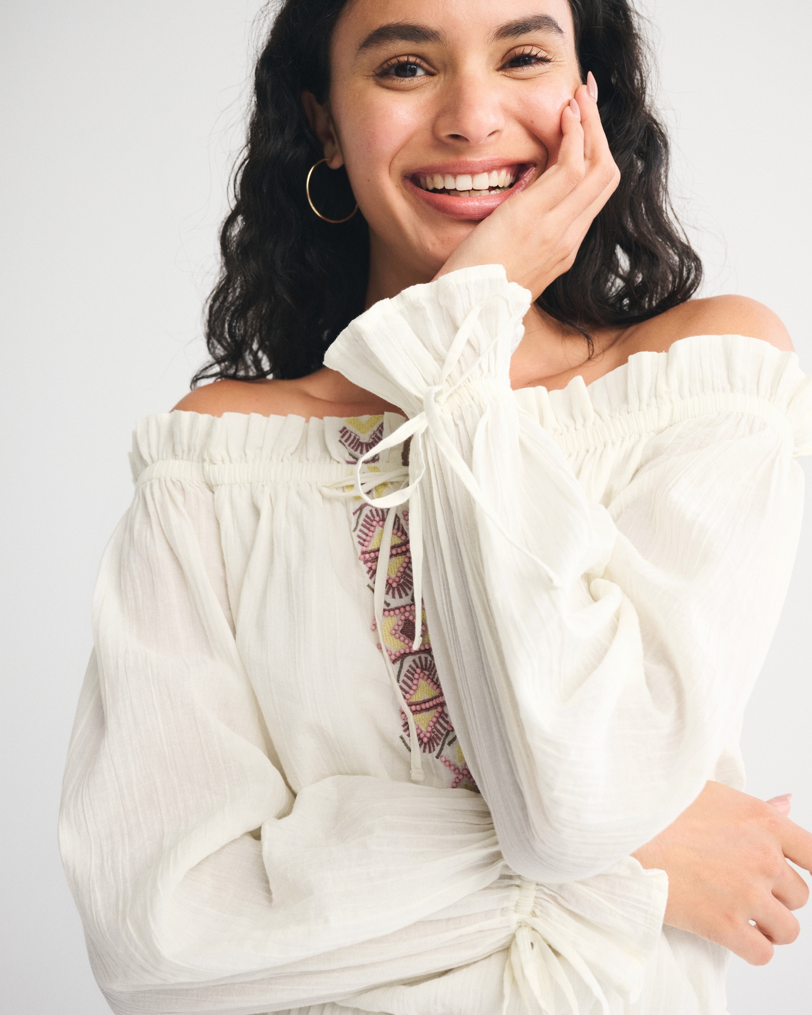 Long-Sleeve Off-The-Shoulder Embroidered Mini Dress