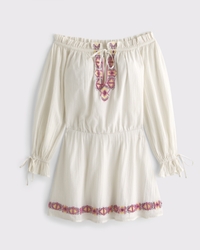 Long-Sleeve Off-The-Shoulder Embroidered Mini Dress