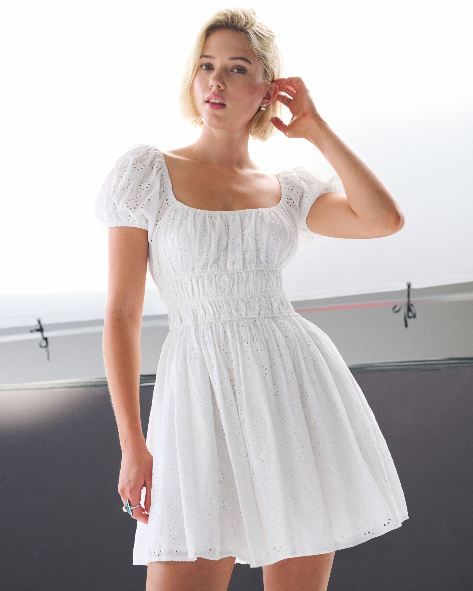 Puff Sleeve Smocked Eyelet Mini Dress