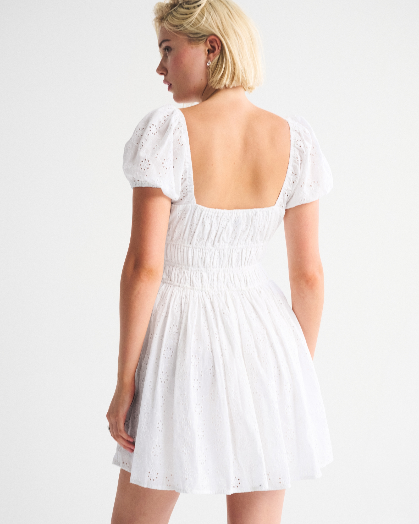 Puff Sleeve Smocked Eyelet Mini Dress