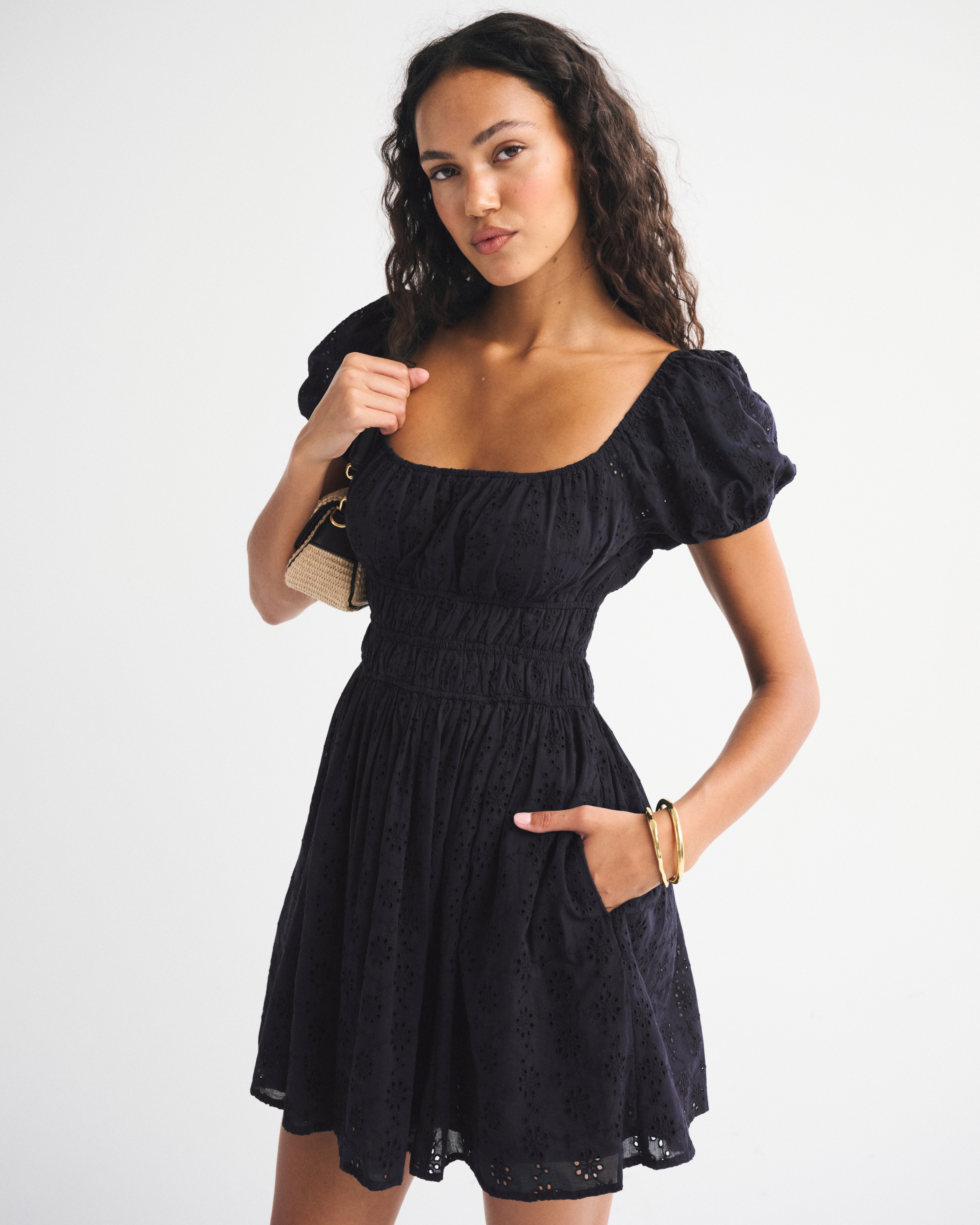 Abercrombie & Fitch Puff Sleeve Smocked Eyelet Mini Dress In Black