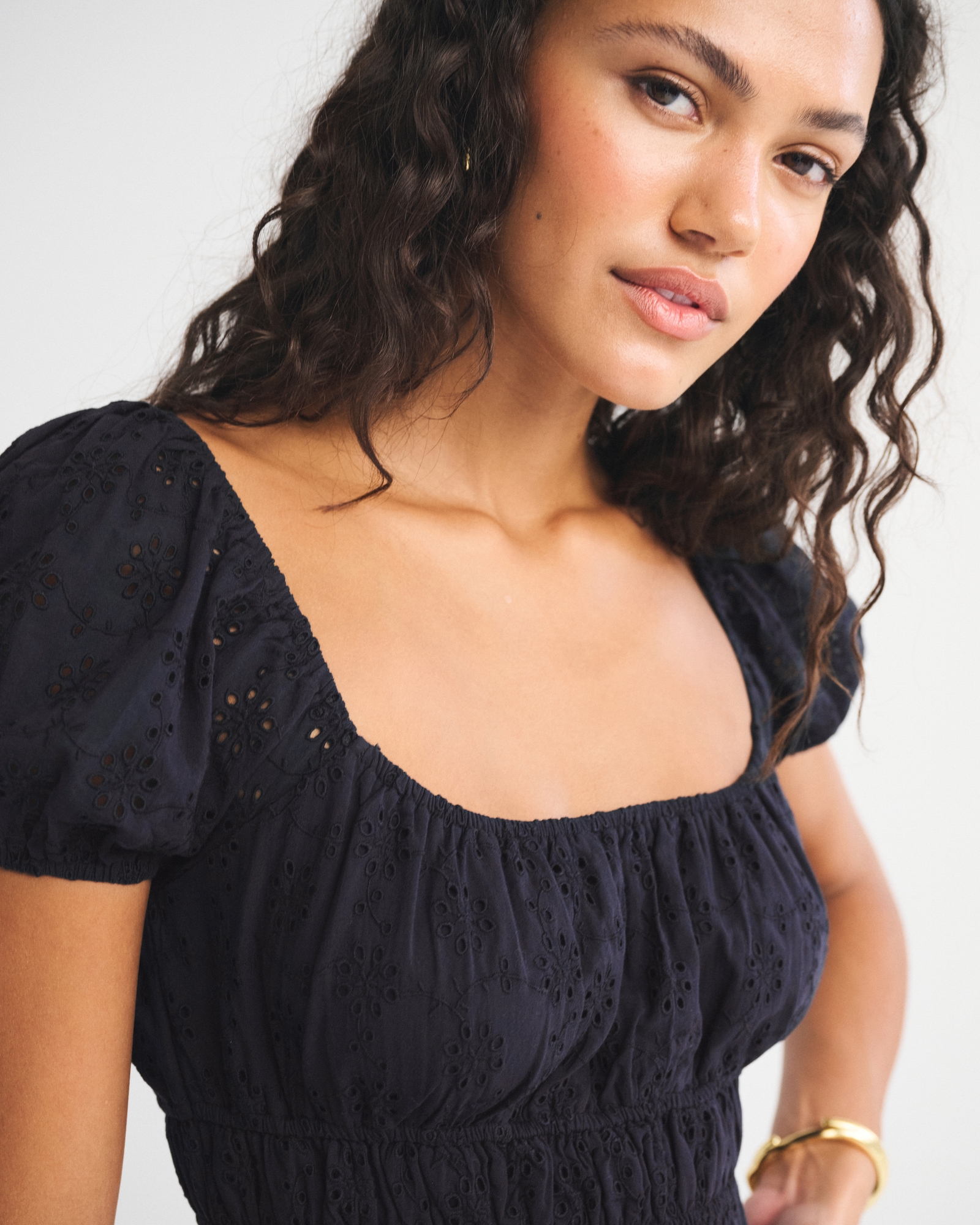 Puff Sleeve Smocked Eyelet Mini Dress