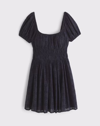 Puff Sleeve Smocked Eyelet Mini Dress