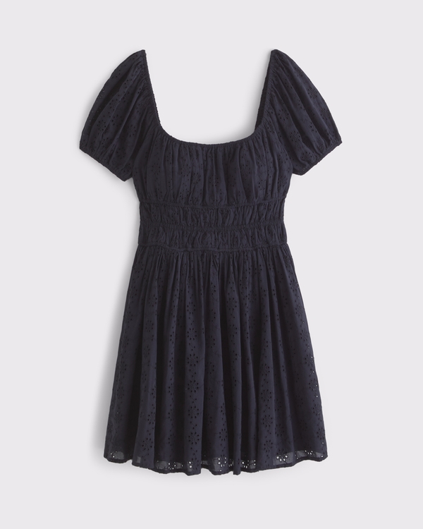 Puff Sleeve Smocked Eyelet Mini Dress