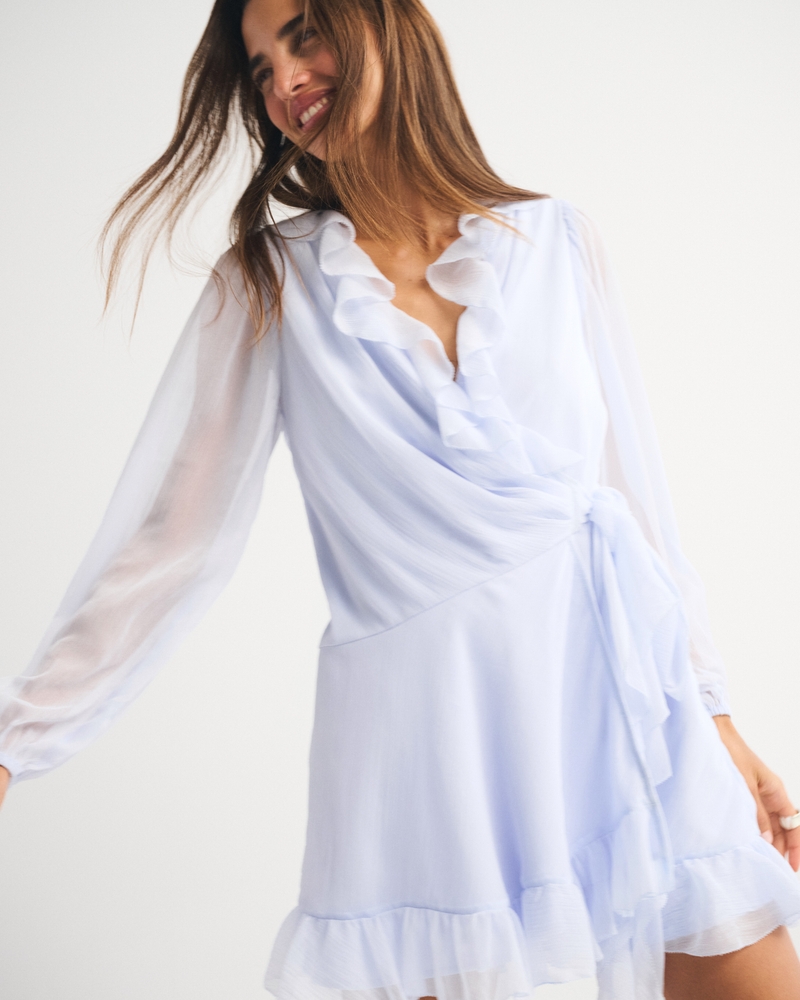 Long-Sleeve Draped Wrap Mini Dress