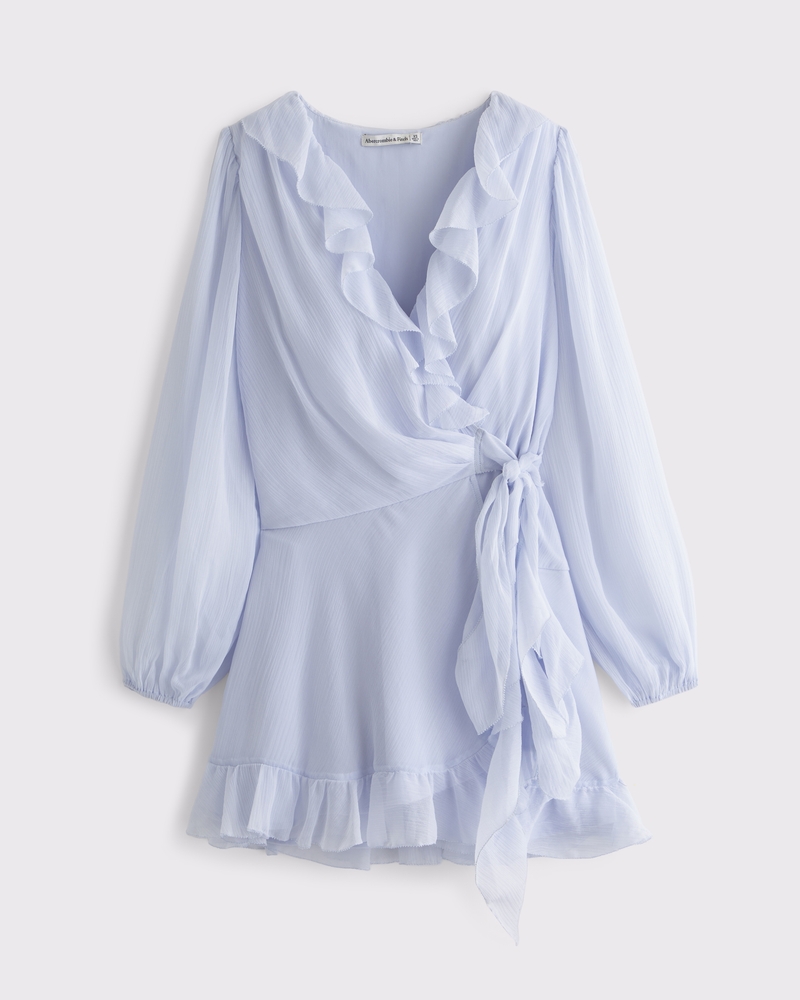 Long-Sleeve Draped Wrap Mini Dress