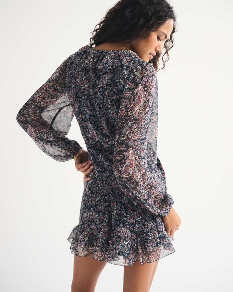 Long-Sleeve Draped Wrap Mini Dress