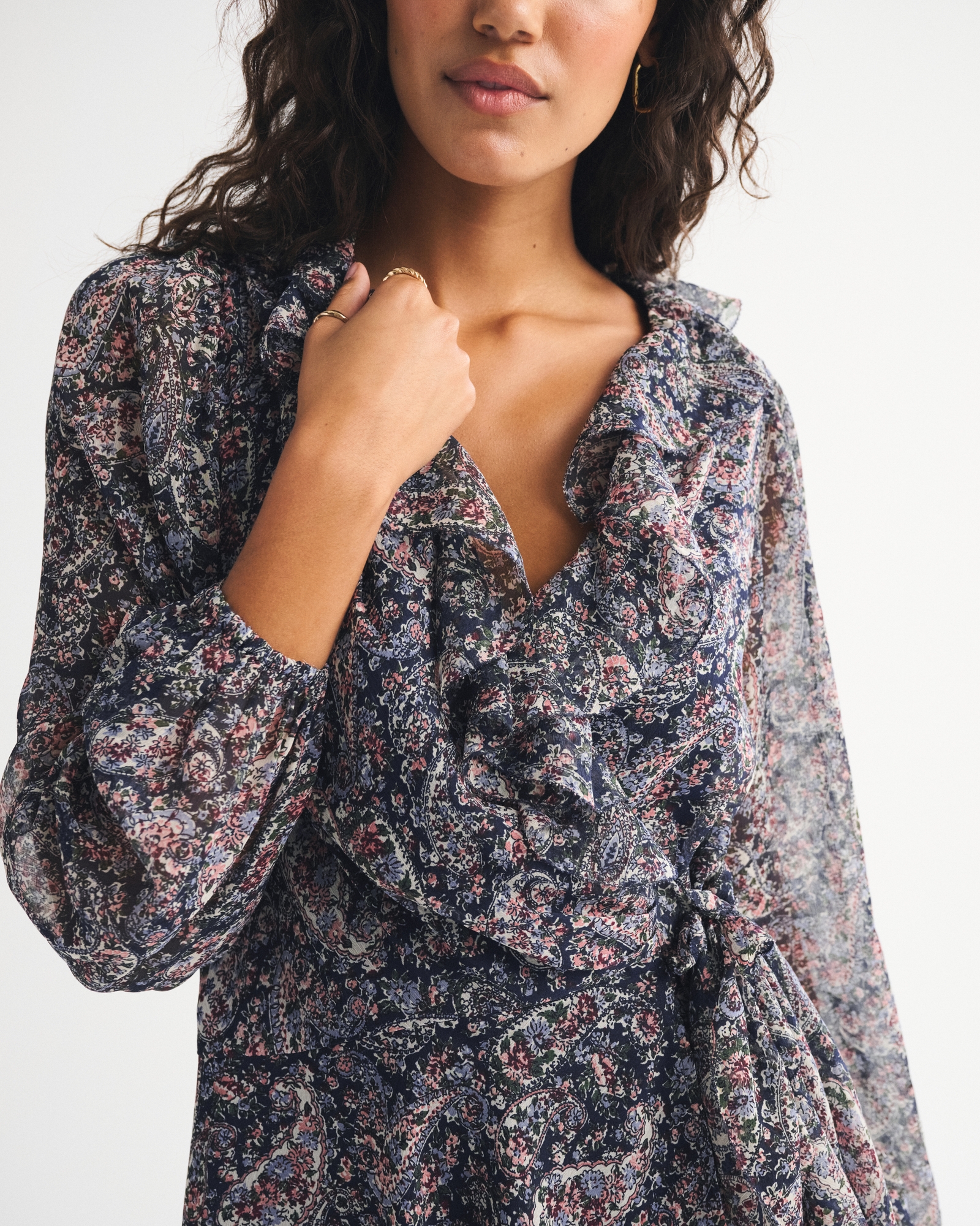 Long-Sleeve Draped Wrap Mini Dress