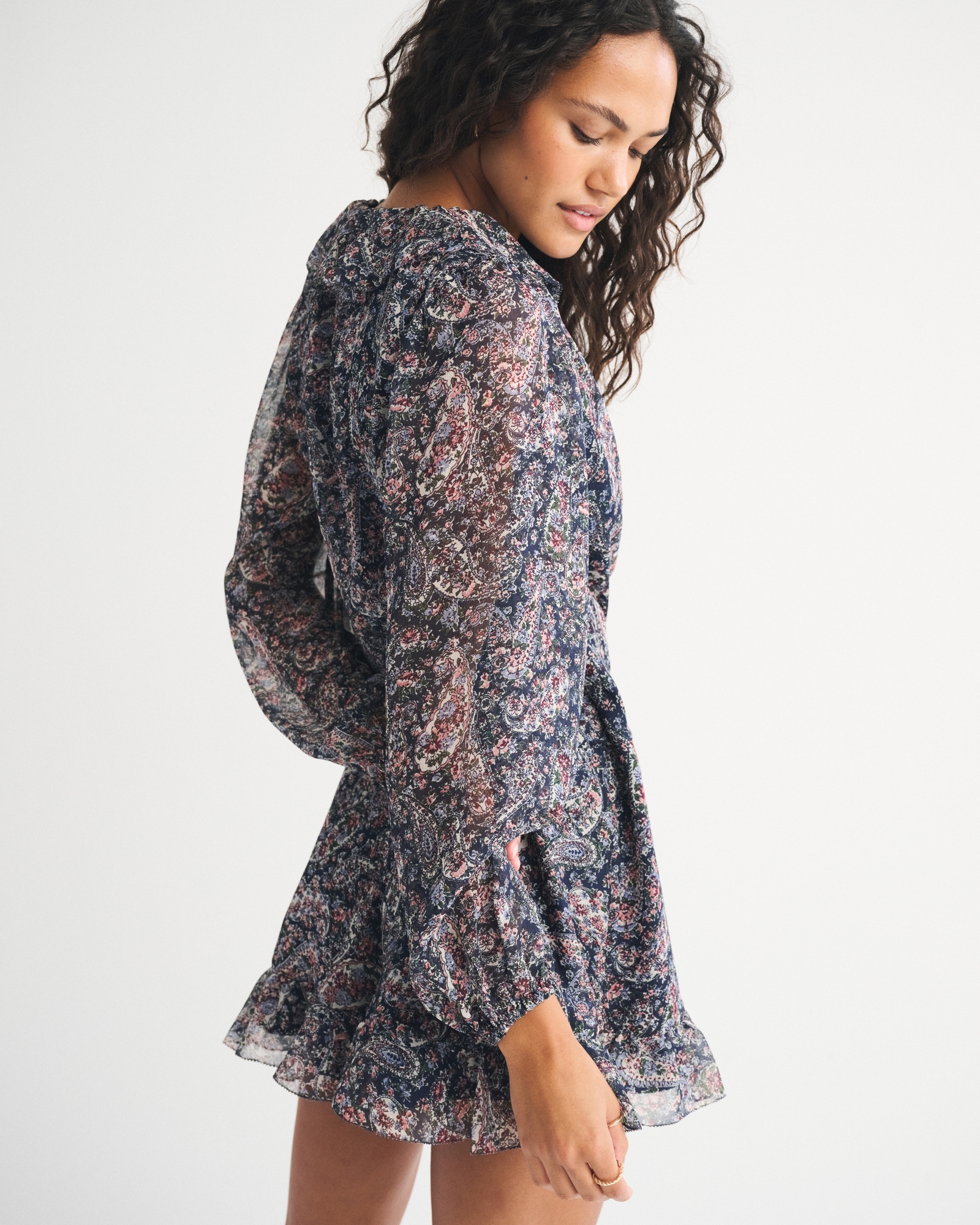 Long-Sleeve Draped Wrap Mini Dress