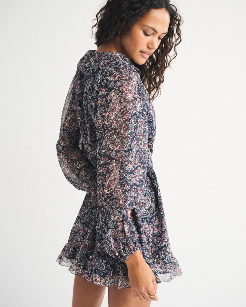 Long-Sleeve Draped Wrap Mini Dress