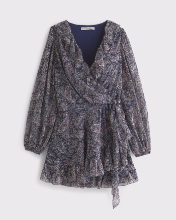 Long-Sleeve Draped Wrap Mini Dress