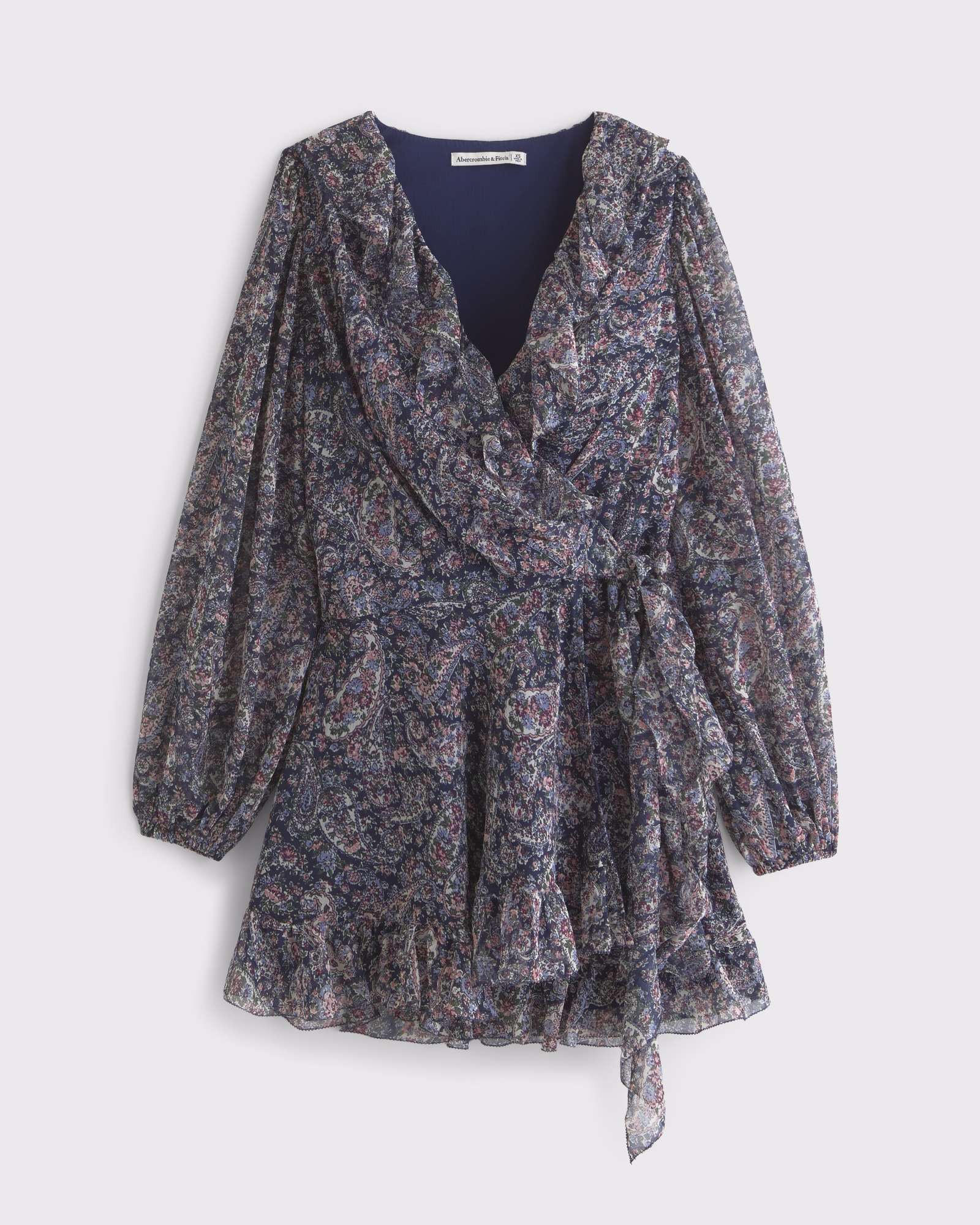 Long-Sleeve Draped Wrap Mini Dress