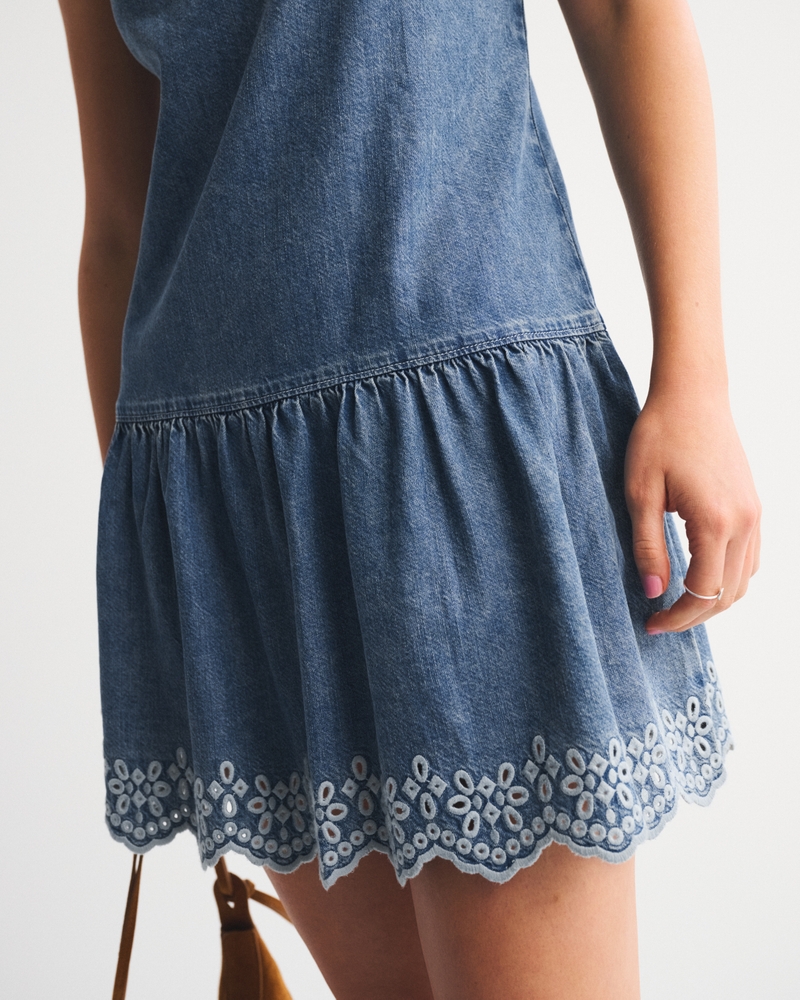 Drop-Waist Embroidered Denim Mini Dress