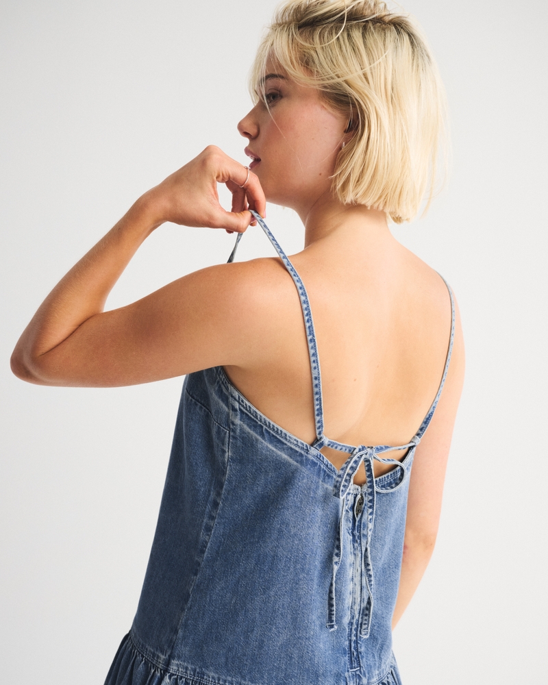 Drop-Waist Embroidered Denim Mini Dress