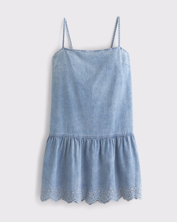 Drop-Waist Embroidered Denim Mini Dress, Light Wash view 1