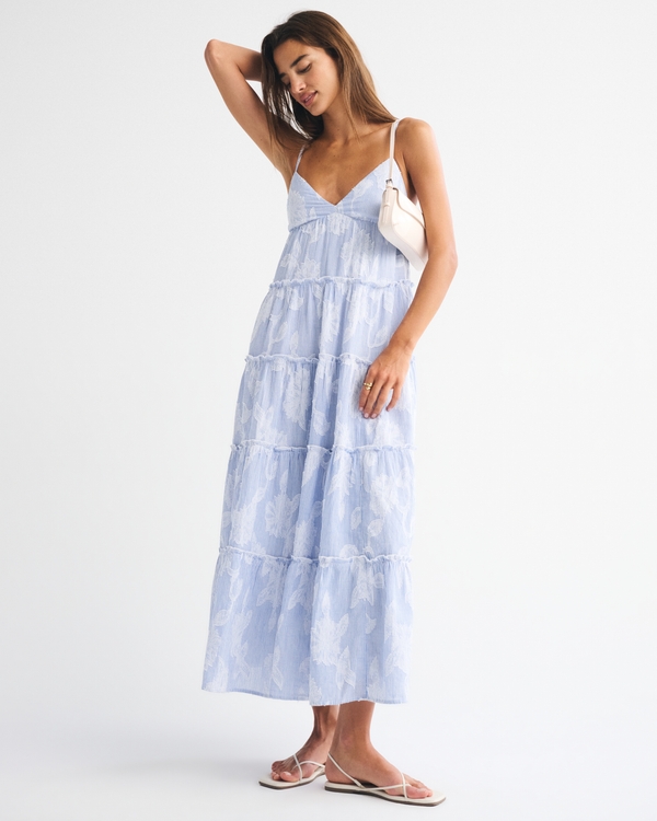 Tiered Ruffle V-Neck Maxi Dress, Blue Pattern view 1