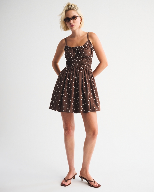 Smocked Waist Mini Dress, Brown Polka Dot view 1