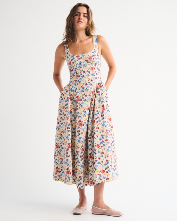 Dipped-Waist Scoopneck Midi Dress, Cream Floral view 1
