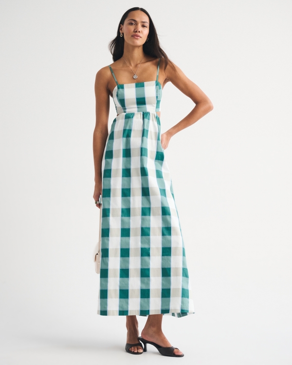 Bra-Free Lace Up Maxi Dress, Green Check view 1