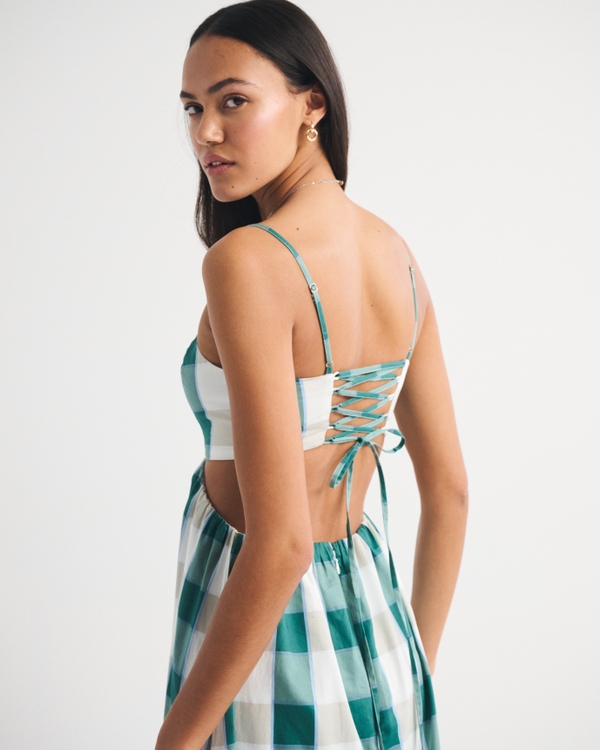 Bra-Free Lace Up Maxi Dress, Green Check view 2