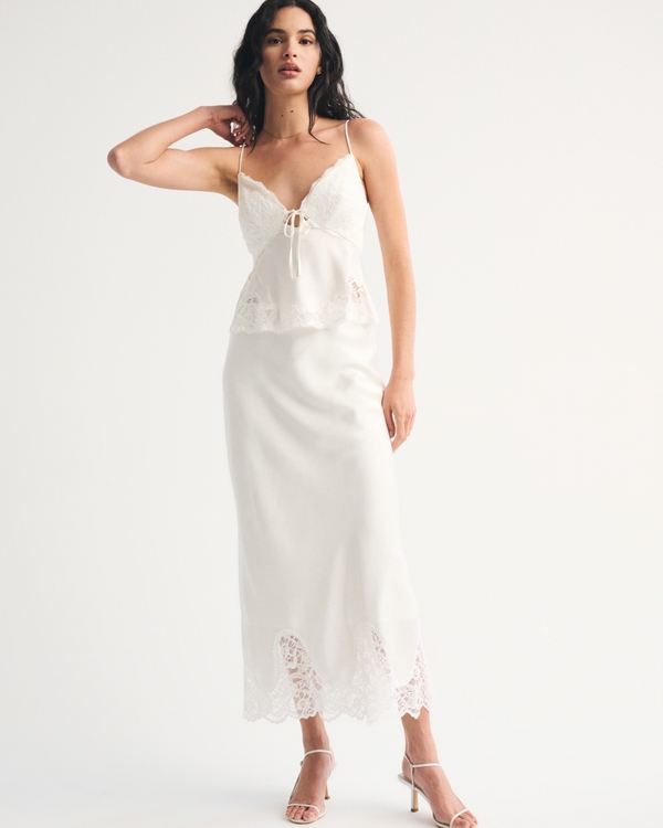 High Rise Satin Maxi Set Skirt, Off-white view 1