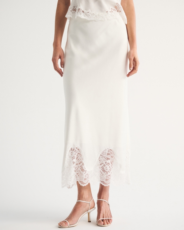 High Rise Satin Maxi Set Skirt, Off-white view 2