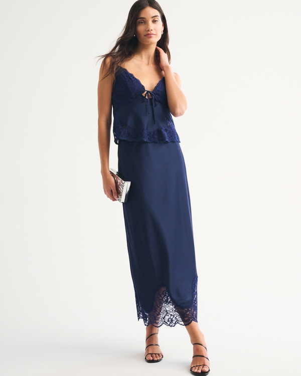 High Rise Satin Maxi Set Skirt, Midnight Blue view 1