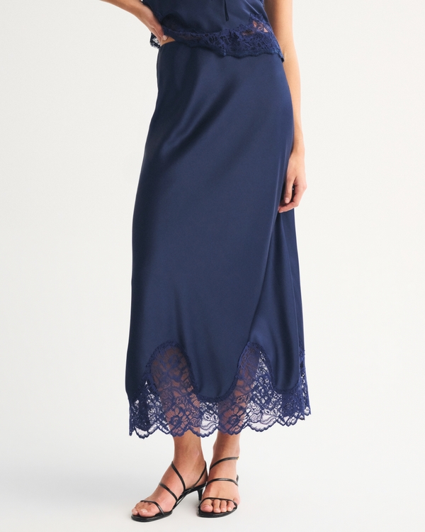 High Rise Satin Maxi Set Skirt, Midnight Blue view 2