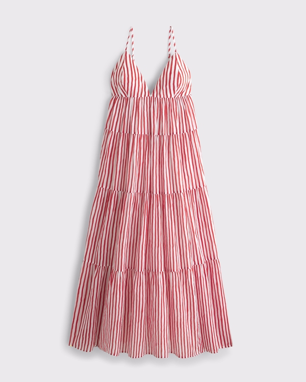 open lace back dress Red Checkered Stripes Maxi Dress main image 0