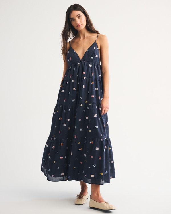 Bra-Free V-Neck Tiered Flowy Maxi Dress, Navy view 1