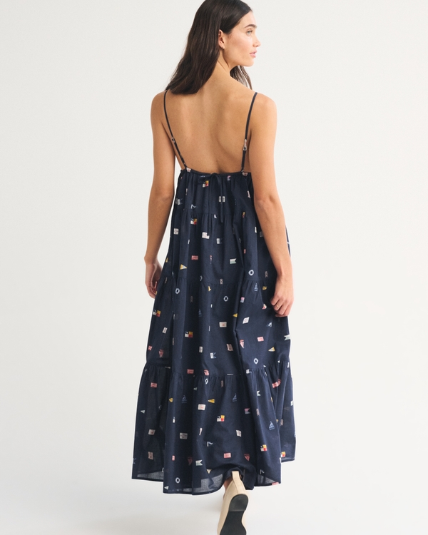 Bra-Free V-Neck Tiered Flowy Maxi Dress, Navy view 2