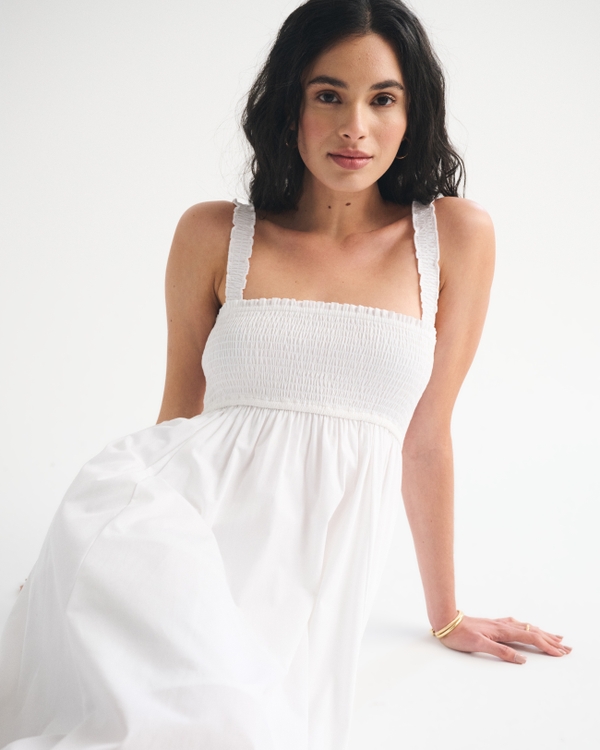 abercrombie tiered smocked midi dress Women's A&F Sydney Smocked Dipped-Waist Midi Dress in Red Stripe | Size XS