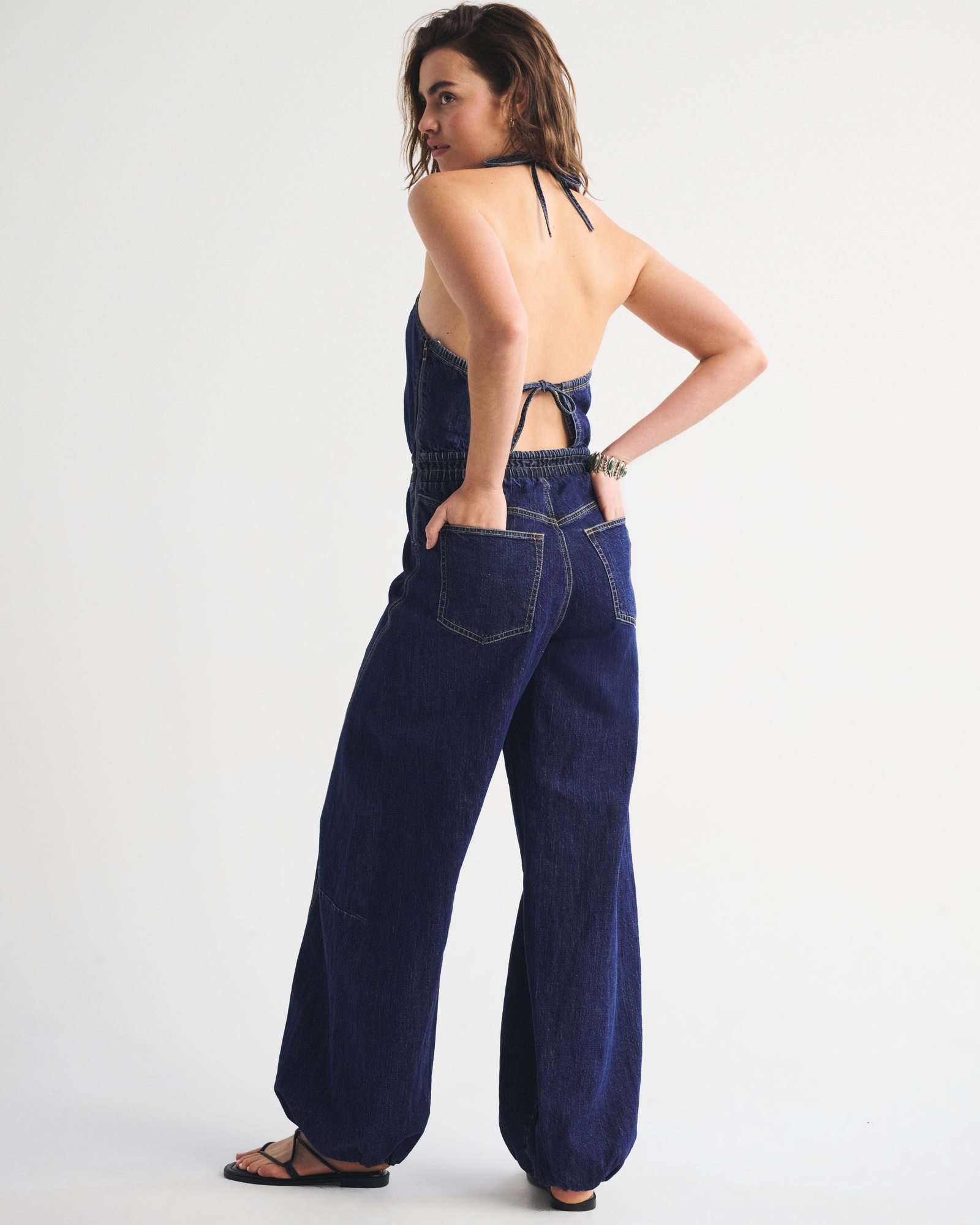 High-Neck Linen-Blend Denim Balloon Leg Jumpsuit