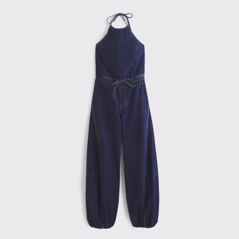 Женские комбинезоны Abercrombie & Fitch High-Neck Linen-Blend Denim Balloon Leg Jumpsuit