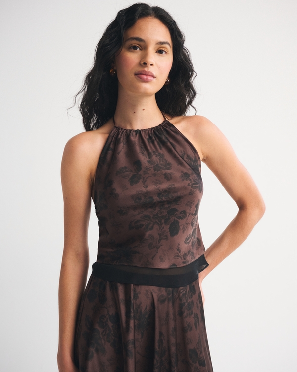 Open-Back Halter Set Top, Dark Brown Floral view 1