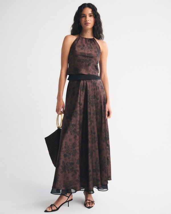 Open-Back Halter Set Top, Dark Brown Floral view 2