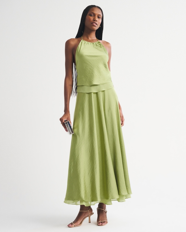 High Rise Satin Maxi Set Skirt, Spring Green view 1