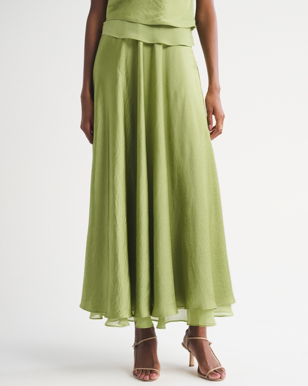 High Rise Satin Maxi Set Skirt, Spring Green view 2