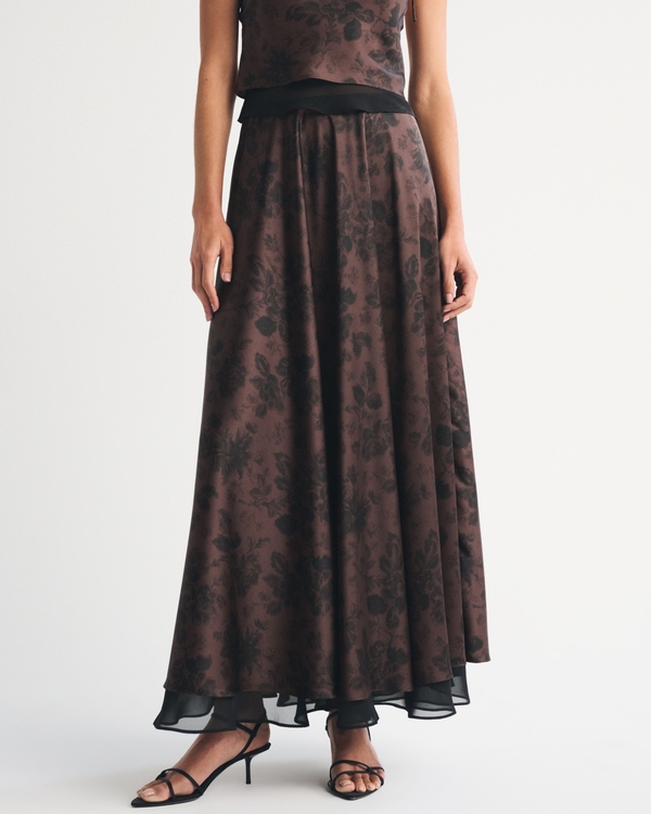 High Rise Satin Maxi Set Skirt, Dark Brown Floral view 2