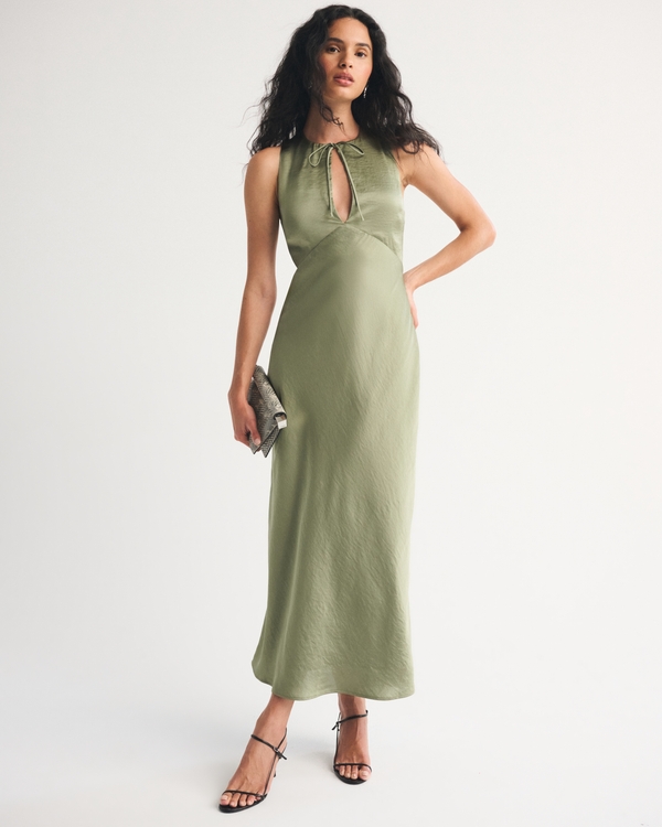 High-Neck Keyhole Maxi Dress, Natural Green view 1