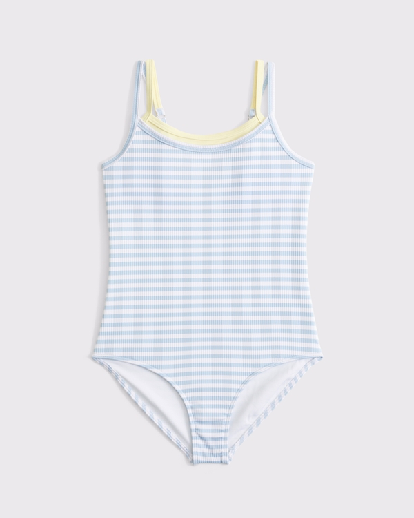 double-layered one-piece swimsuit, Light Blue Stripe view 1