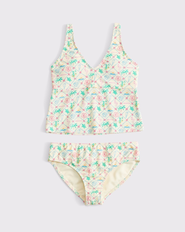 thick strap triangle two-piece tankini swimsuit, Yellow Print view 1