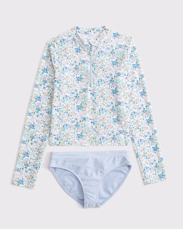 half-zip rashguard two-piece set, Blue Floral view 1