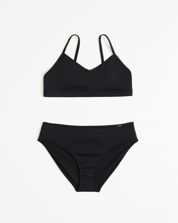 Black Tie Front Boy Short Bikini Two Piece Set - Black / S