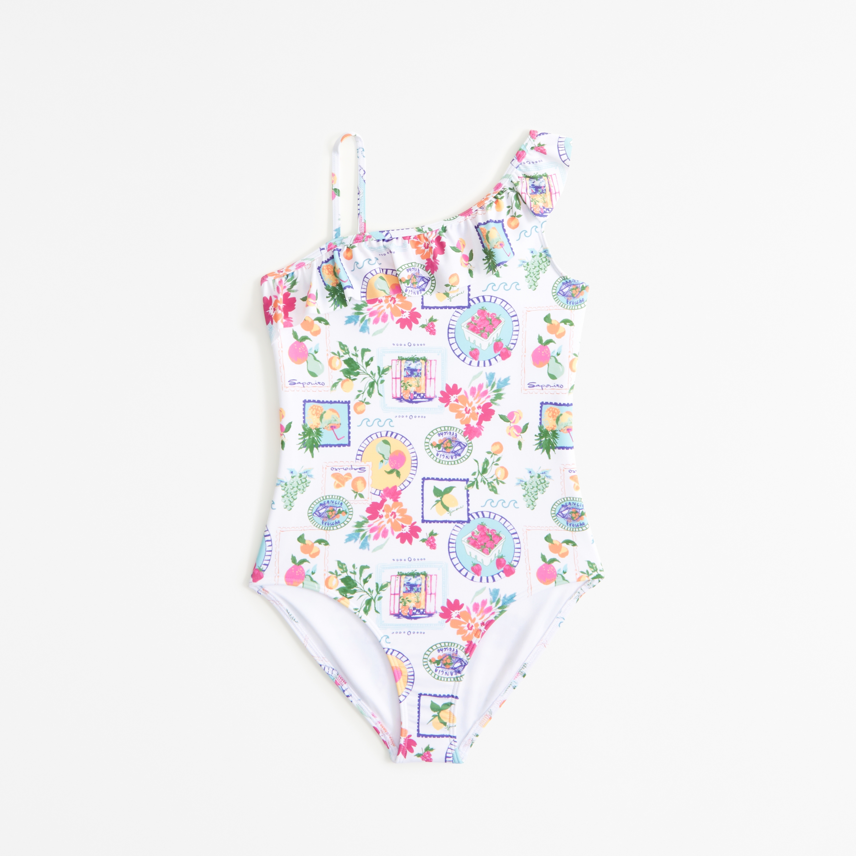 girls asymmetrical ruffle one piece swimsuit Abercrombie